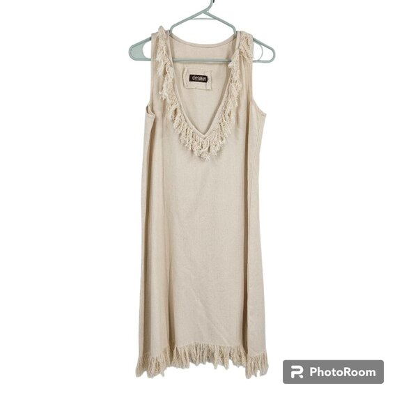 Chintamani Alchemistry Dress Cream Deep V-neck Fringe Sleeveless Mini Boho Sz L - Picture 2 of 10